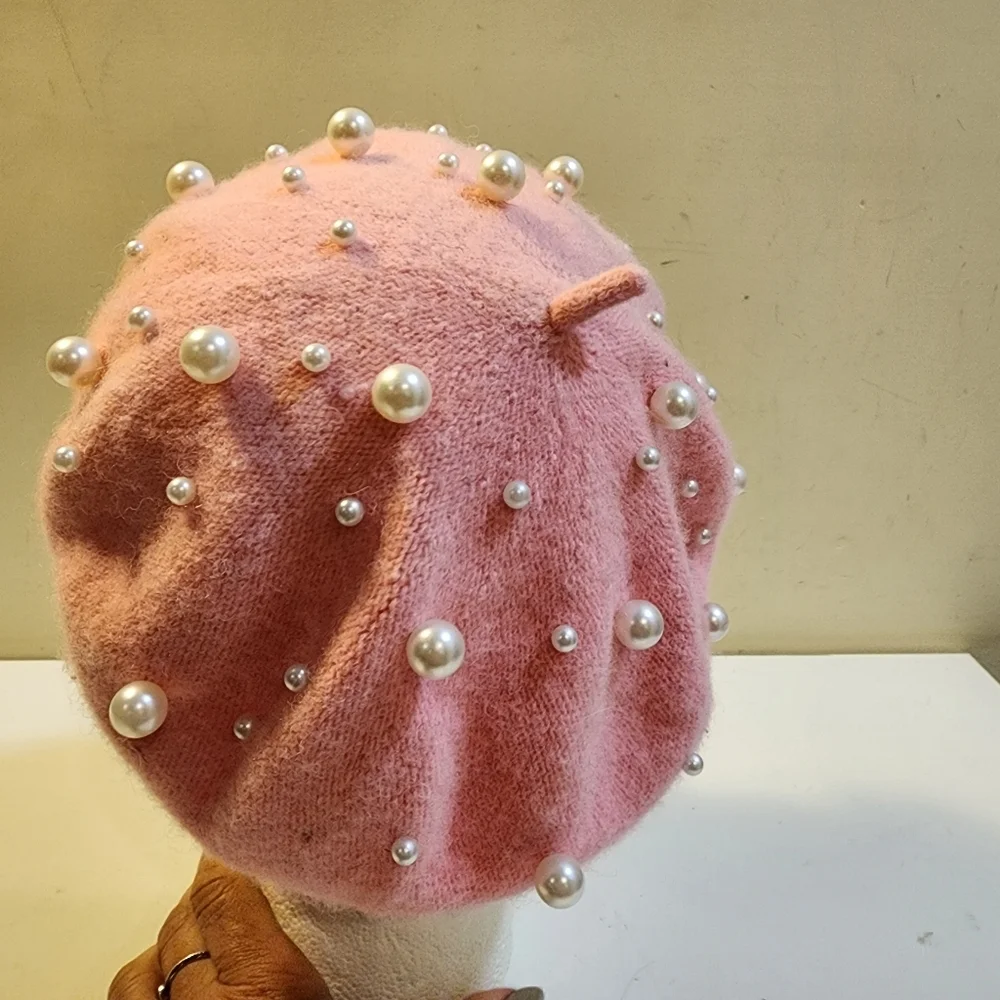 Pink Wool Beret with Pearl Embellishments
